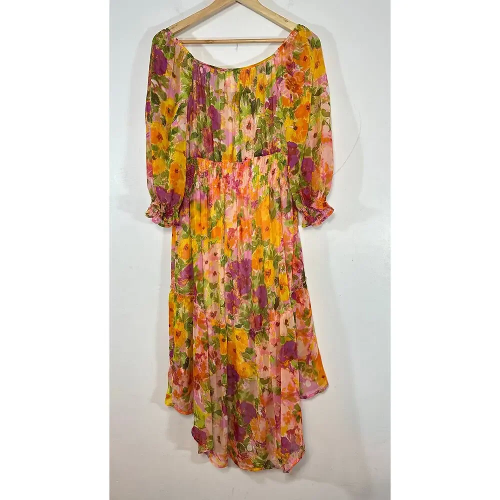 FIG & FLOWER Anthropologie floral dress hi low ruffle Spring Summer Womans Large - Picture 5 of 8